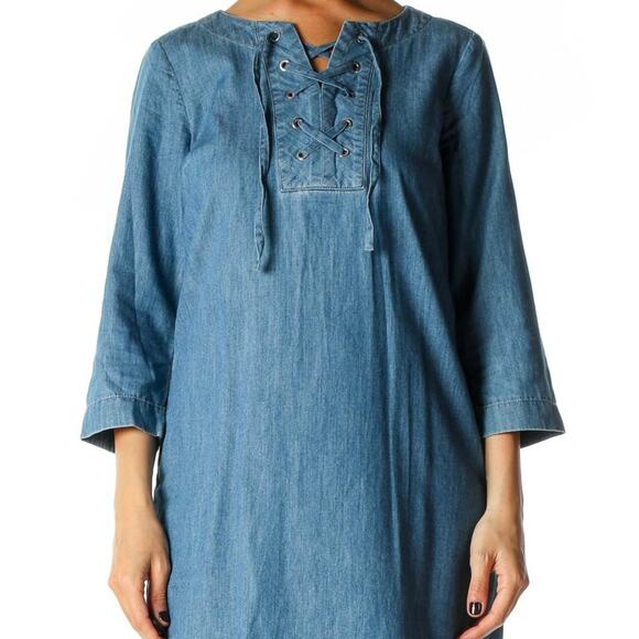 Talbots Blue Chambray Dress Pull Over Tie Front 3/4 Sleeve Womens Size 12 - Picture 1 of 10